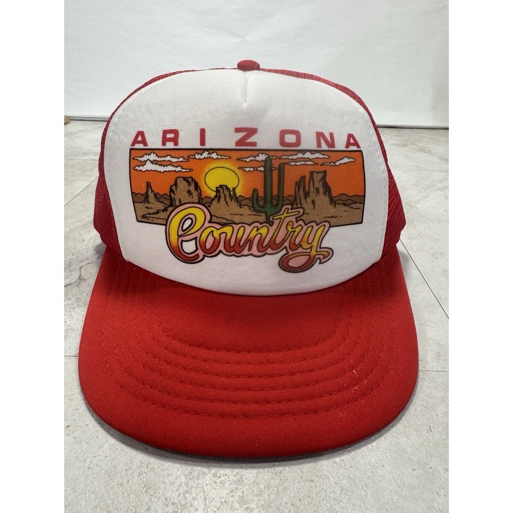 Vintage Arizona Country Trucker Hat Foam Mesh Cap Desert Sunset Cactus USA 80s